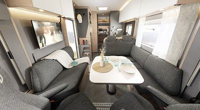 Blick auf den Wohnbereich im Dethleffs Wohnmobil XL Family I