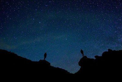 Silhouetten von 2 Personen auf Felsen unter dem Sternenhimmel