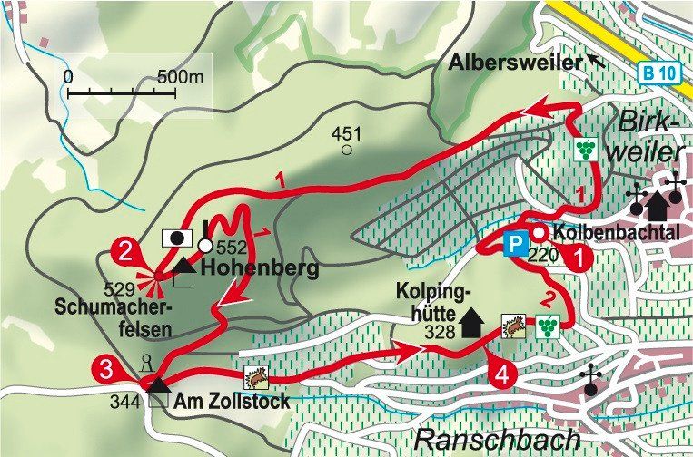 Karte Wanderung Pfalz von Birkweiler auf den Hohenberg