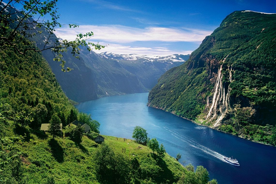 Geirangerfjord and waterfall Skageflå seen from above, Norway