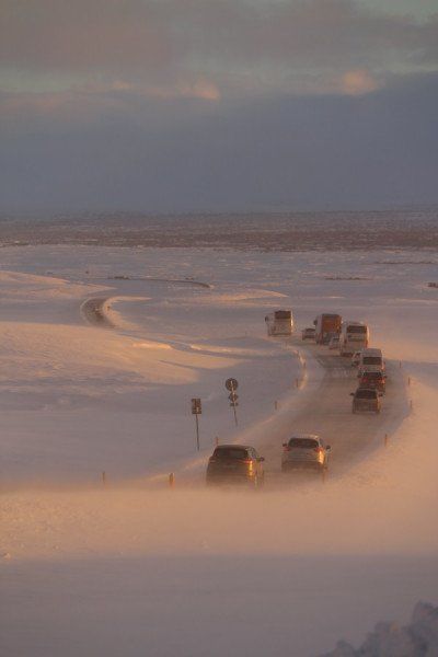 Mehrere Fahrzeuge im Winter auf strasse in Island