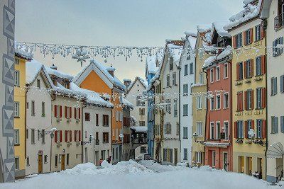 Arcas square with snow in the Old Town of Chur