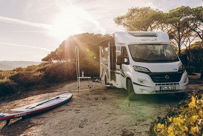 A Sunlight motorhome on a campsite in Sardinia