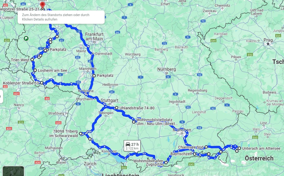 Route Süddeutschland mit Österreich
