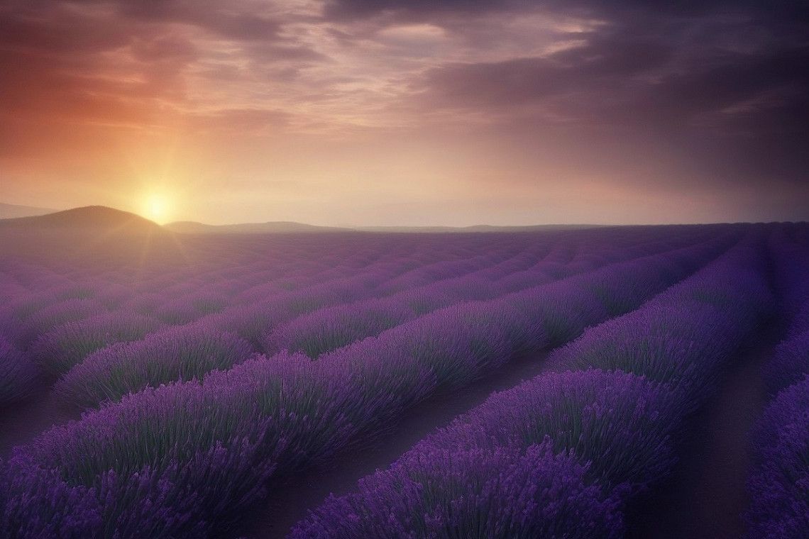 Bluehendes Lavendelfeld in der Provence bei Sonnenaufgang 
