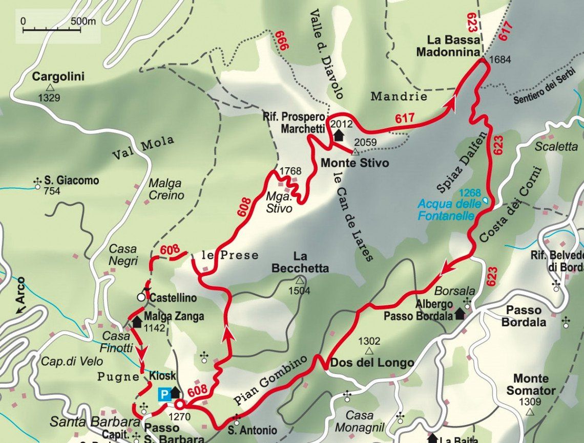 Karte der Wanderung zum Monte Stivo inklusive Variante für den Abstieg