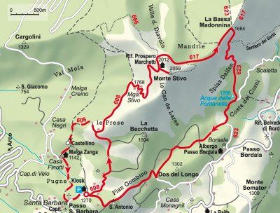 Karte der Wanderung zum Monte Stivo inklusive Variante für den Abstieg