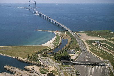 View from above of Storebaelt bridge and toll station