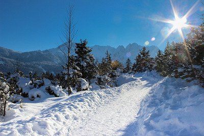 Verschneiter Wanderweg mit Alpenpanorama