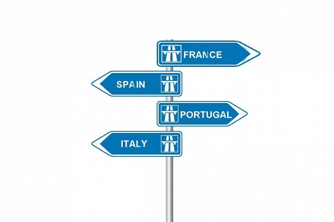 Motorway signpost: France, Spain, Portugal and Italy