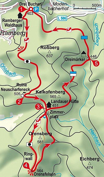 Karte der Rundwanderung zum Orensfelsen in der Pfalz