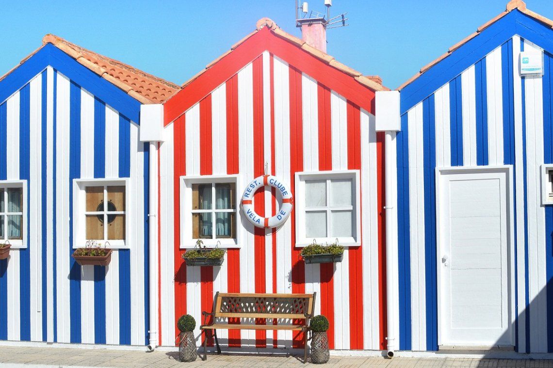 Striped wooden houses in Costa Nova near Aveiro, Portugal