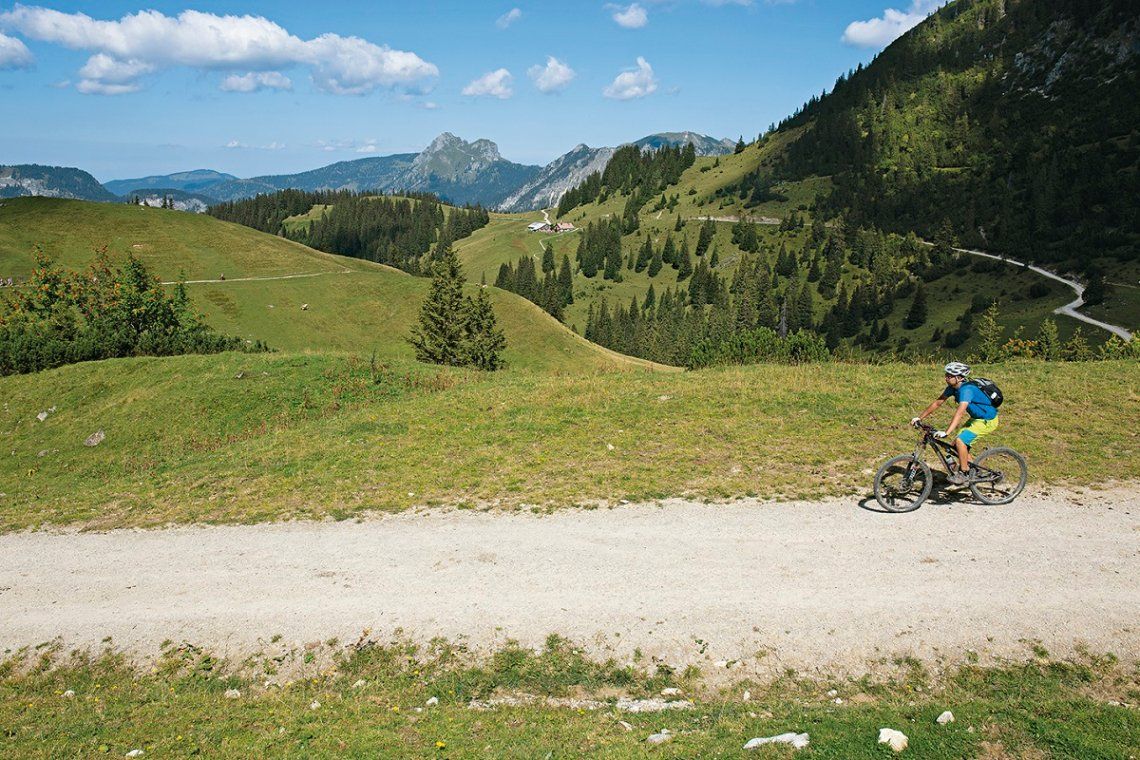 Mountainbiker bei der Auffahrt von der Nesselwängler Ödenalpe zur Gräner Ödenalpe