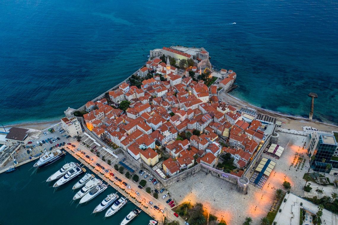 Aerial view of the Old Town of Budva