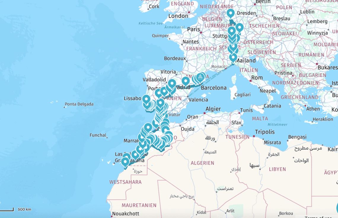 Met de veerboot: Genua naar Marokko - Terug via Zuid-Spanje 
van Barcelona-Genua met de veerboot