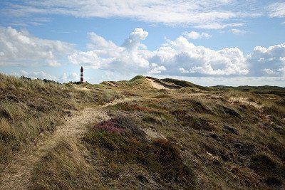 Blick auf die Duenen und den Leuchtturm im Sueden von Amrum