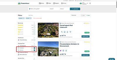 Screenshot Freeontour Campingplatz- und Stellplatzfuehrer mit Filter buchbare Stellplätze