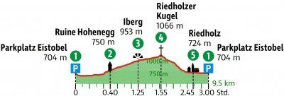Darstellung des Höhenprofils der Wanderung zur Riedholzer Kugel 