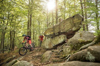 Mountainbikers en rotsen Weltachs in het Pfaelzerwald Mountain Bike Park, Route 4
