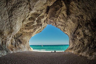 View of the sea from the cave at Cala Gonone, Sardinia