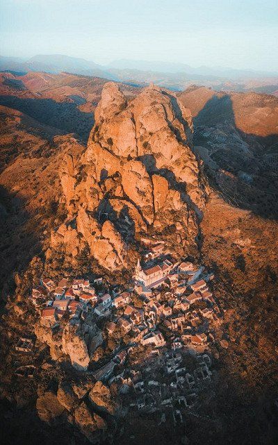 Aerial view of the mountain village of Pentedattilo in Calabria