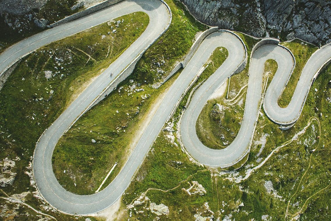 Aerial view of the Tremola with its mainy hairpin bends, Switzerland
