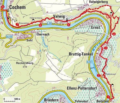 Karte der Wanderung zwischen Beilstein und Cochem an der Mosel 