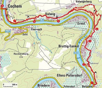 Karte der Wanderung zwischen Beilstein und Cochem an der Mosel
