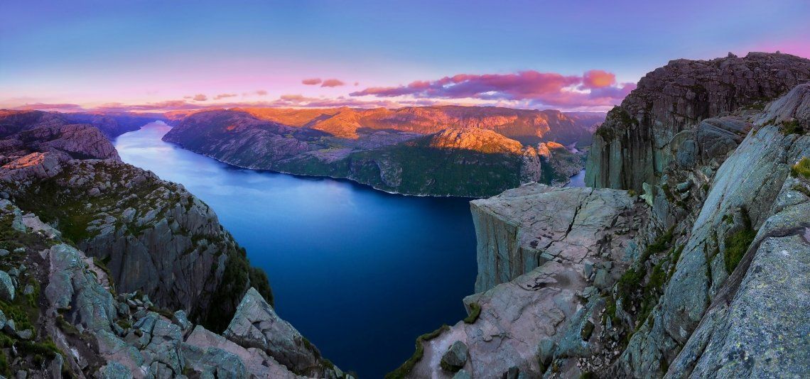 View on Pulpit Rock, Norway, at sunset