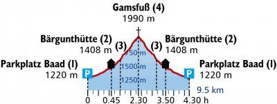 Höhenprofil der Schneeschuhtour auf den Gamsfuß