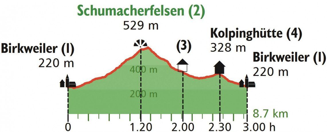 Höhenprofil der Wanderung von Birkweiler auf den Hohenberg