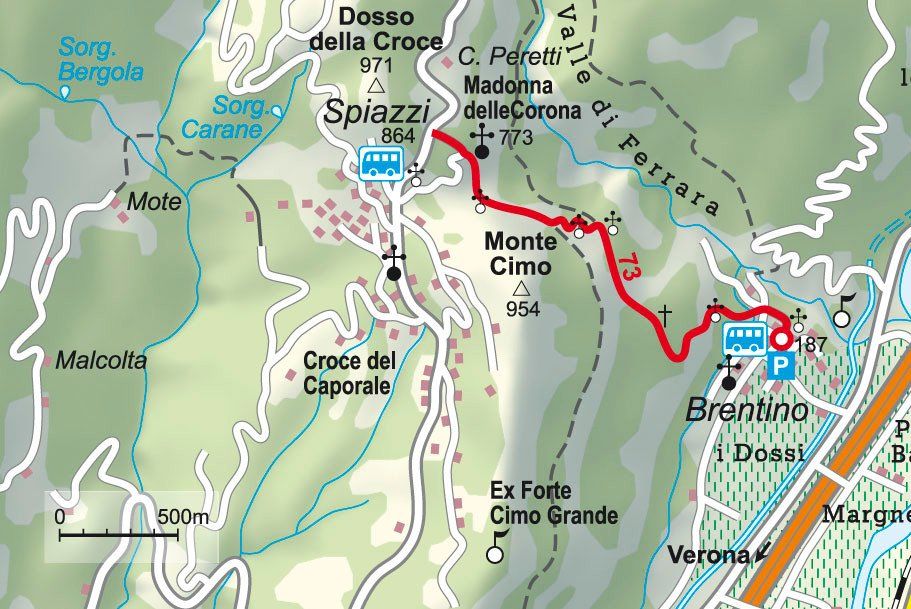 Karte der Wanderung von Brentino zur Madonna della Corona