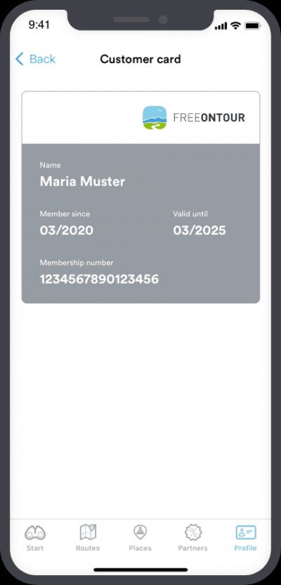 Digital Freeontour member card in the Freeontour app