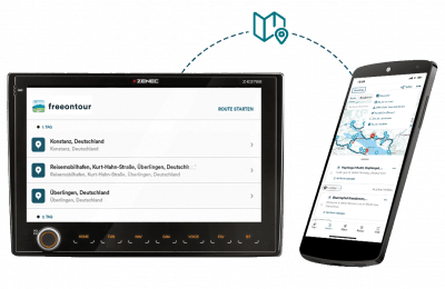 graphic on how to transfer routes from the Freeontour app to a navigation device