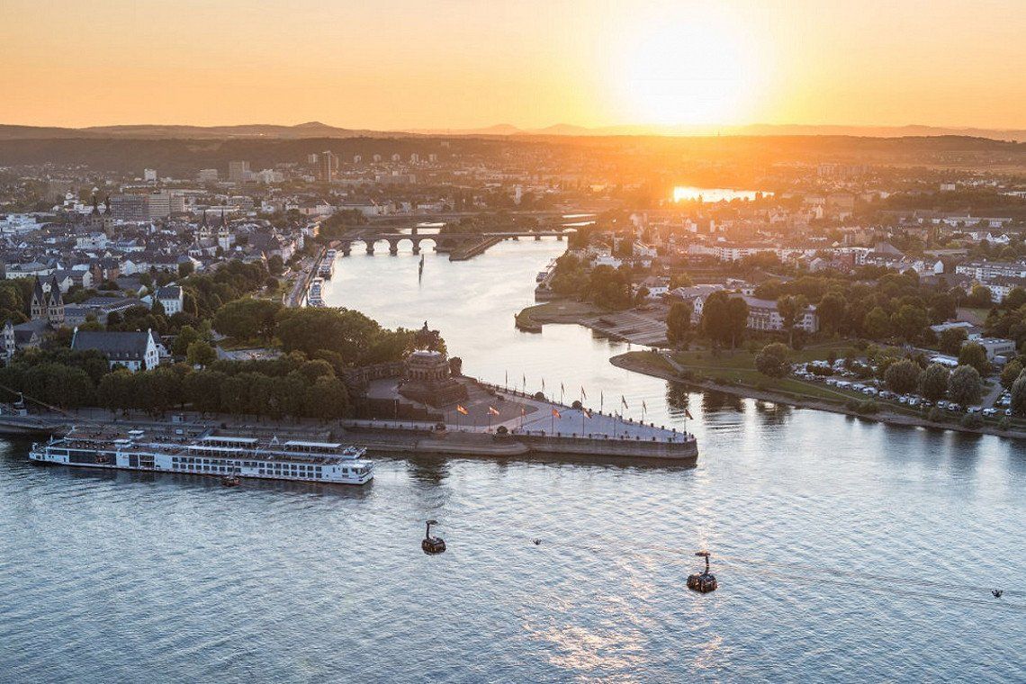 View of the Deutsches Eck in Koblenz from above