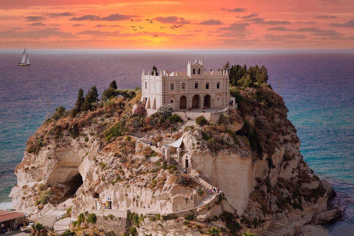 The Sanctuary of Santa Maria dell'Isola in Tropea at sunset