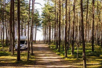Carado Wohnmobil auf Parkplatz im Wald in Estland 