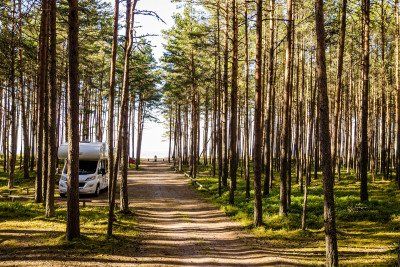 Carado Wohnmobil auf Parkplatz im Wald in Estland