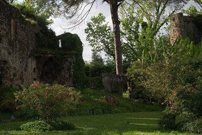 Blick in den Garten von Ninfa mit Rosenbüschen und Ruinen