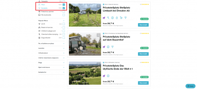 Screenshot Freeontour campsite and motorhome parking space guide with filter bookable spaces