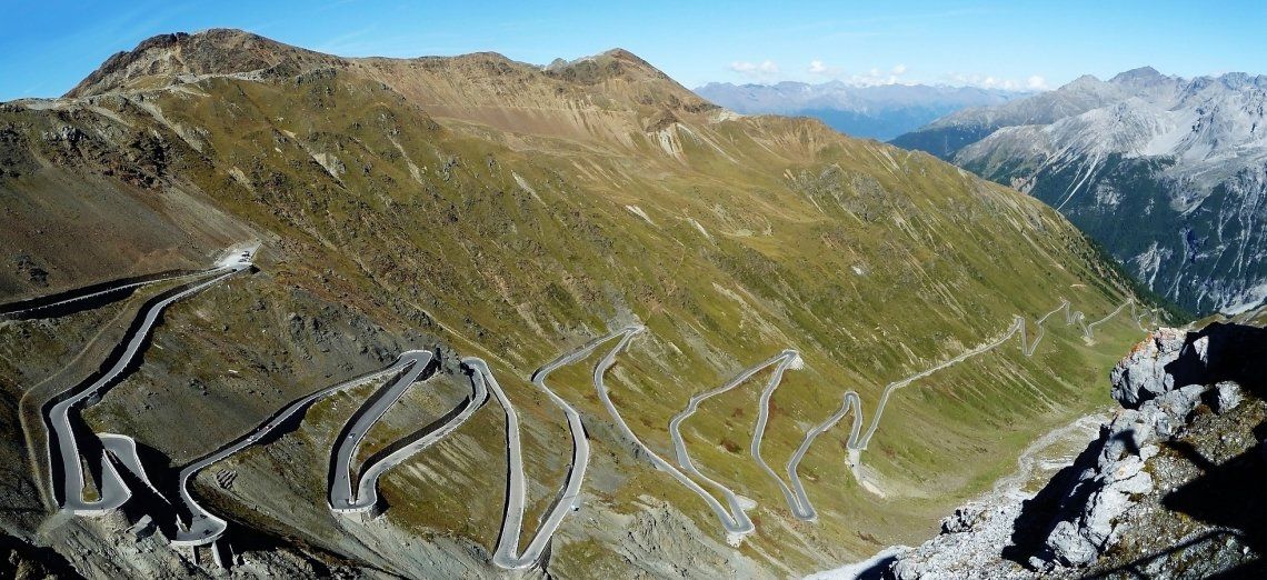 Bird's eye view of the hairpin bends of the Stelvio Pass
