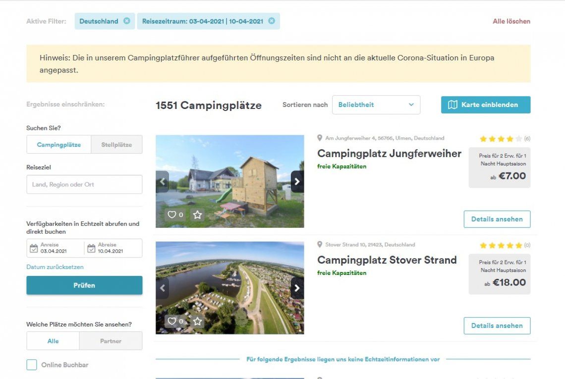 Screenshot Freeontour Campingplatzführer Verfügbarkeiten