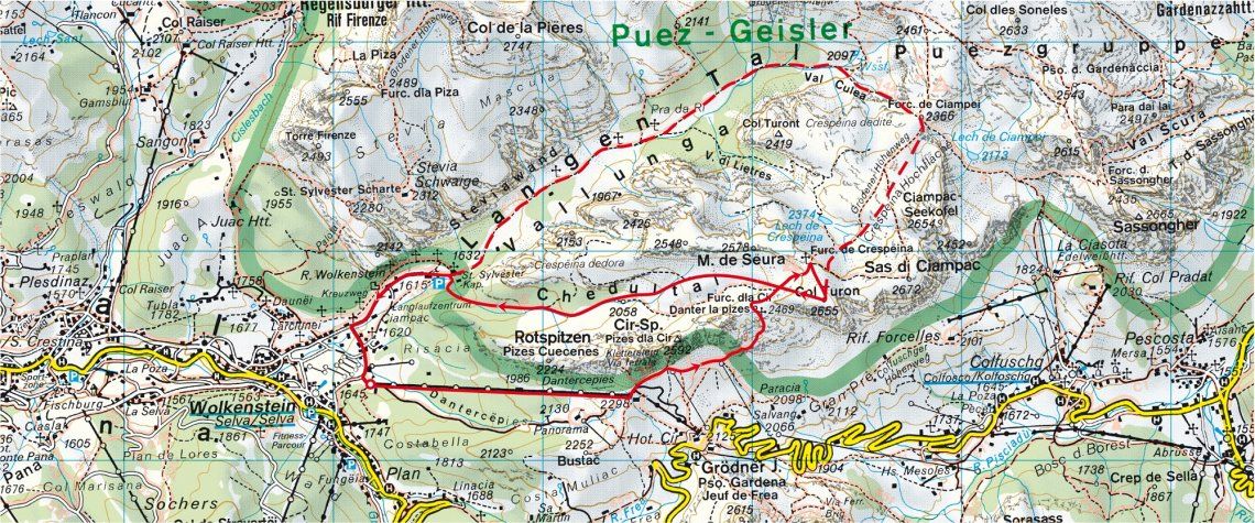 Uebersichtskarte der Skitour in den Dolomiten am Col Turon