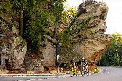 The Pulpit with racing cyclists on the road