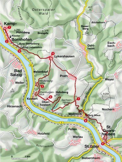 Karte der Wanderung von Kamp nach St. Goarshausen 