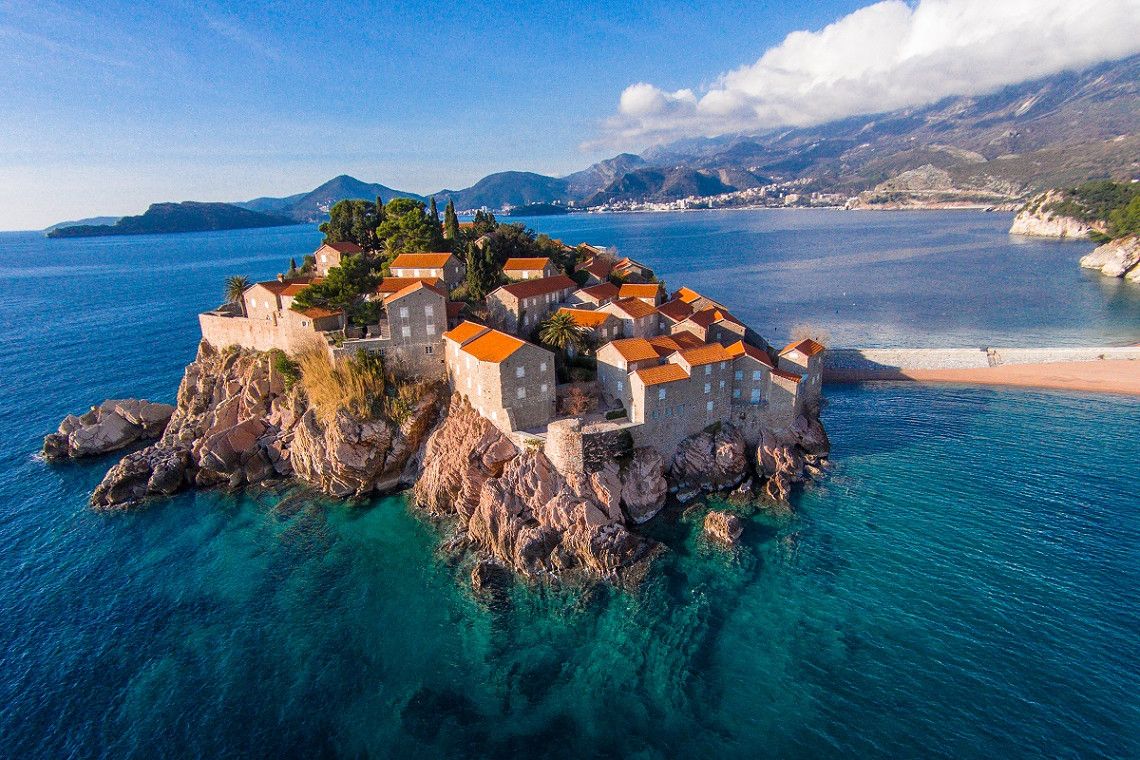 View of the rocky island of Sveti Stefan