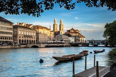 View over the water to Zurich and the Grossmünster