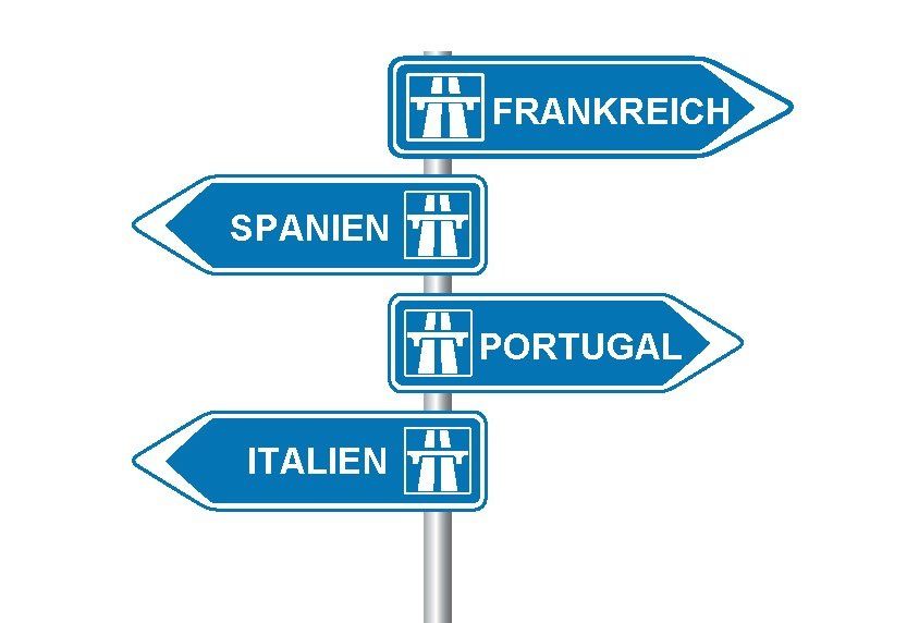 Autobahn Wegweiser Frankreich, Spanien, Portugal und Italien