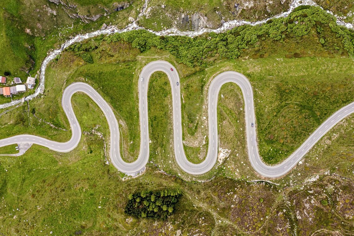 Aerial view of the serpentine road on the Julier Pass