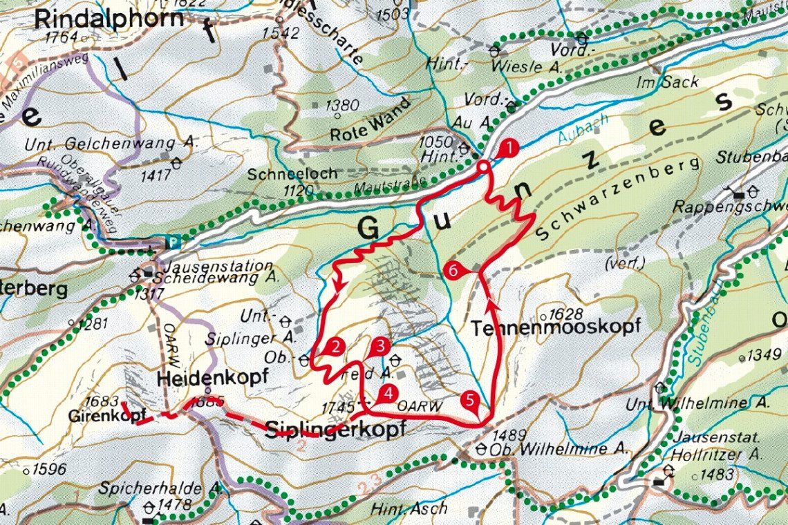Karte der Wanderung aus dem Günzesried auf den Siplingerkopf